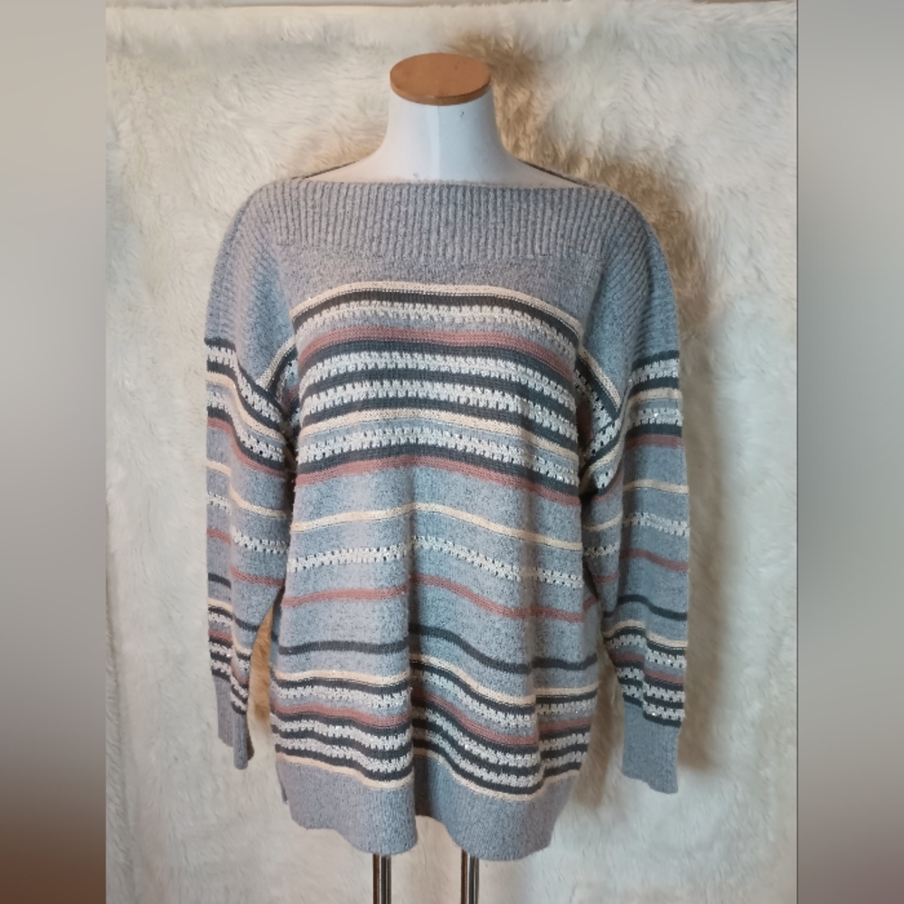 Liz Claiborne  Sweater 0X Striped Long Sleeve Women's Multicolor Cardigan Knit